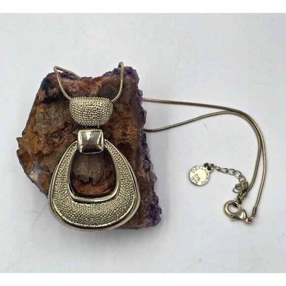 Liz Claiborne Gold-Tone Textured Abstract Pendant Necklace With Adjustable Chain - Picture 7 of 7